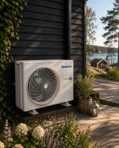 En luft-luftvärmepump från Panasonic på en fasad i skärgården